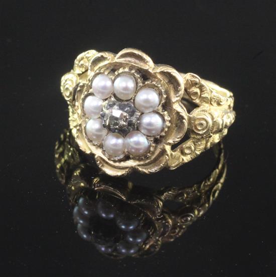 A Georgian gold, diamond and split pearl mourning ring, size J.